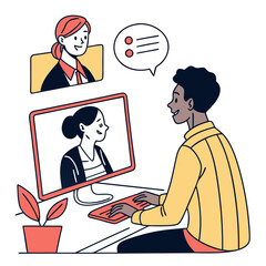 People interacting via computer and video call online meeting communication