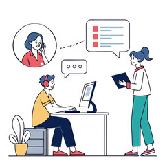 People communicating via computer and phone flat illustration communication