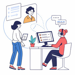 People collaborating on computer with chat and video call remote work helpdesk