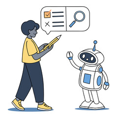 Person with pencil interacts with robot displaying checklist and magnifying glass