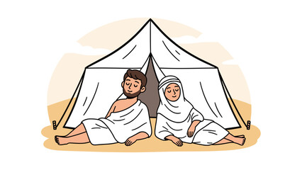 Muslim Couple Resting in Tent at mina, Hajj Pilgrimage Illustration