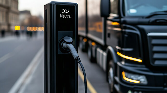 Electric truck charging at a CO₂ neutral station in an urban setting. Sustainable transportation, eco-friendly logistics, renewable energy, and green technology concept.