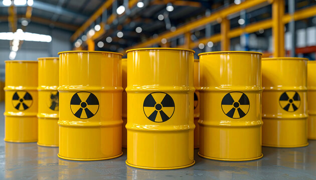 Yellow barrels with radiation symbols, likely containing hazardous nuclear waste, stored indoors.