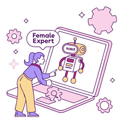 Woman interacting with robot on laptop screen technology collaboration