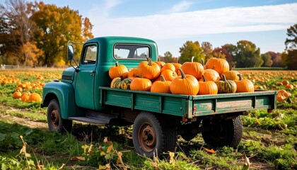 Vintage green pickup truck parked in a grassy field, filled with bright orange pumpkins
