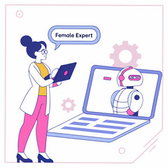 Woman interacting with robot on laptop screen technology collaboration