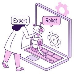 Woman interacts with robot on laptop screen collaboration technology