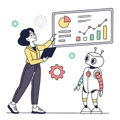 Woman presenting data to robot with gears presentation charts