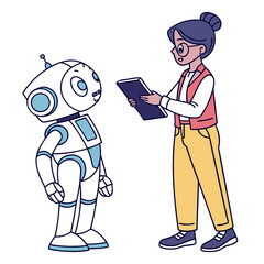 Woman teaching robot with tablet learning technology