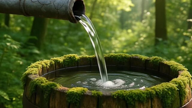 Water flows from a pipe into a moss-covered wooden barrel in a lush fo
