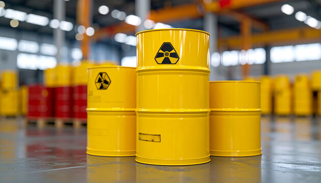 A close-up shot of several yellow barrels stacked together, each bearing a radiation symbol.