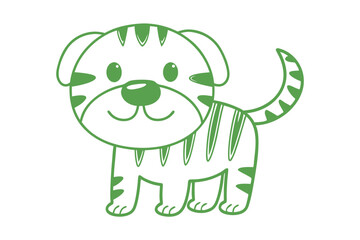 Green outline shows a whimsical cartoon tiger standing and smiling cutely on a white background