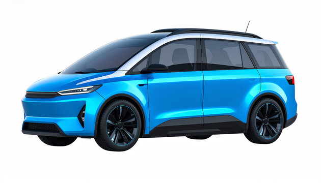 A vibrant blue electric minivan with a sleek design, perfect for family transport and modern urban living.