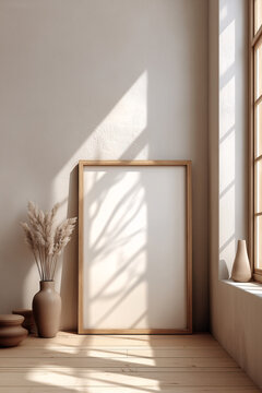 A thin light wooden picture frame leaning against the wall on the floor with a white background