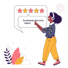 Woman customer service agent pointing at star rating stars