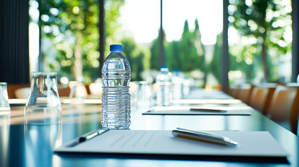A table set up for a seminar or business meeting in the hotel conference room includes plastic water bottles, drinking glasses with pencils, and white papers