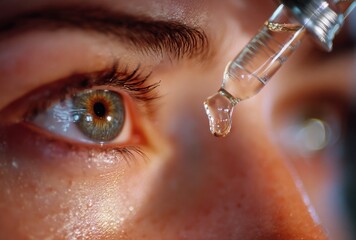Fototapeta premium Close-up of a medical professional administering a precise eye injection using a syringe and dropper with focus on eye health treatment