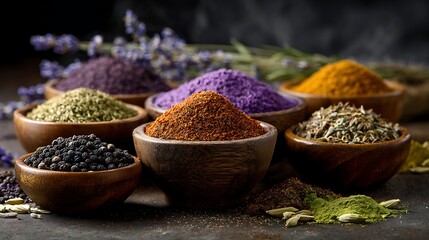 A variety of spices and herbs in bowls with a range of colors and textures