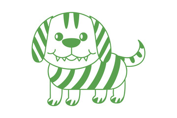 Striped green dog stands happily, showcasing its small teeth and adorable curled tail