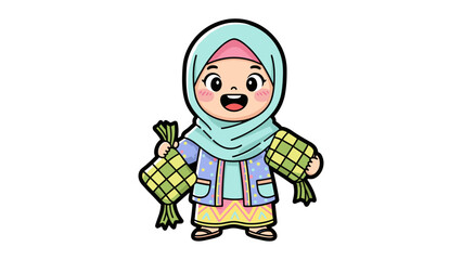 Fototapeta premium Cartoon depiction of a smiling person in traditional attire holding rice cakes, Celebrating Eid Fitr