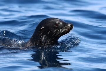 Naklejka premium Sea lion swimming gracefully in clear blue ocean water with gentle ripples surrounding