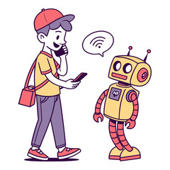 Young man talking on phone with robot communication technology