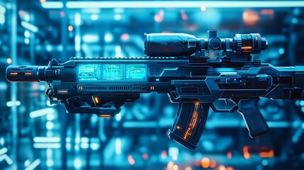 Fototapeta premium Futuristic assault rifle with digital screen attachments and neon accents displayed against a high tech background reflecting advanced technology and sci fi elements