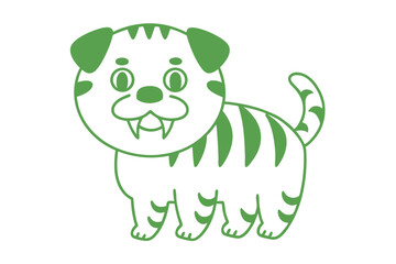 Green cartoon tiger cub is standing with visible teeth and rounded tiger stripes