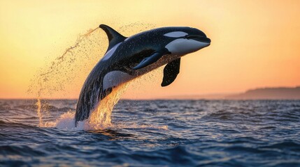 Obraz premium Large Orca jumping out of water in wide open ocean during sunset. Smooth and soft details, and NOT to look cartoonish, with great depth of field as the eyes 