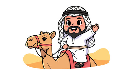 Fototapeta premium Arabian Man Riding a Camel in Desert Cartoon Illustration
