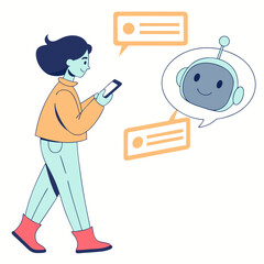 Person texting with friendly robot assistant chatbot conversation