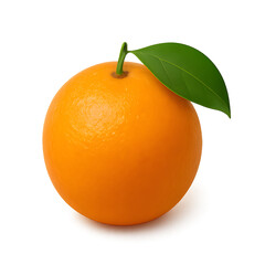 A single ripe orange with a green leaf against a black background