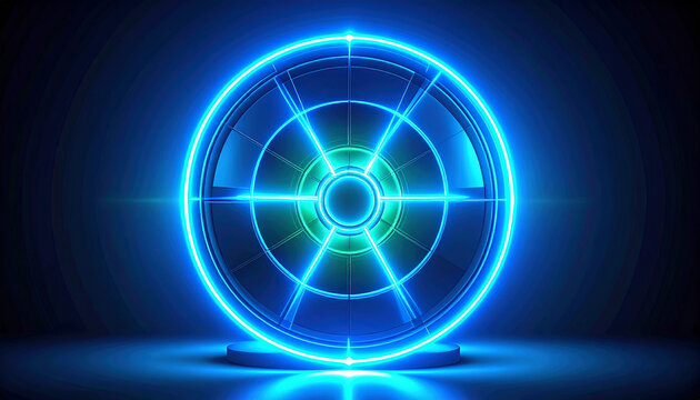 A futuristic, glowing blue energy portal with a circular design, radiating light and a central core.