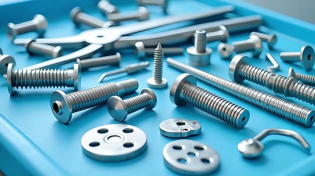 Precise medical orthopedic implants and surgical instruments meticulously arranged on a sterile blue tray.