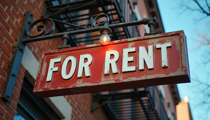 Obraz premium For Rent sign hanging on a brick building exterior in an urban setting. Real estate concept, city property rental, housing and business opportunity. 