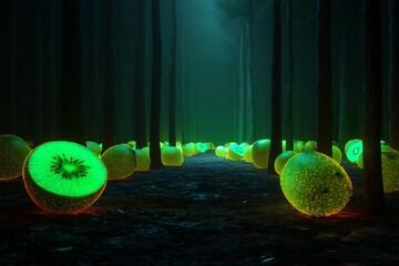 Glowing kiwi fruit scattered in a dark forest 3d render for vibrant health and wellness concepts