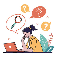 Woman questioning while searching on laptop with magnifying glass vector