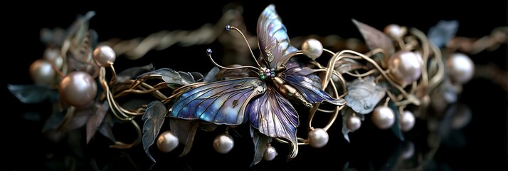 Fantasy-themed choker of vines and pearls with iridescent butterfly wings fairycore