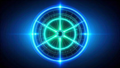 A vibrant, futuristic digital illustration featuring a glowing, concentric circular design with intricate details and bright neon colors.