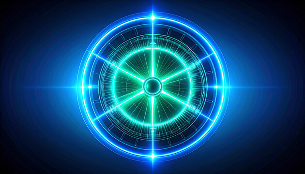 A vibrant, futuristic digital illustration featuring a glowing, concentric circular design with intricate details and bright neon colors.