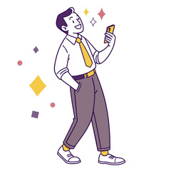 Cheerful man in tie holding a smartphone cartoon businessman