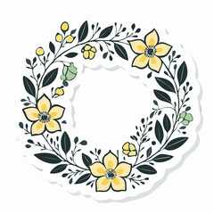 Floral wreath illustration with yellow flowers, green leaves, and white background, perfect for design.