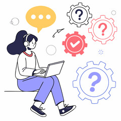 Woman with headphones and laptop receiving tech support question mark gears