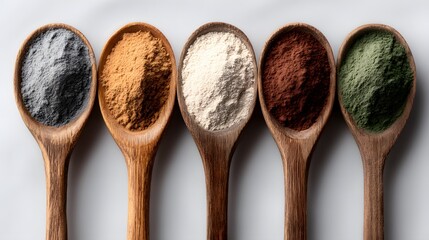 Five wooden spoons filled with different colored powder on a white surface.