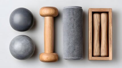 Still life of exercise equipment including balls towel and dumbbell.