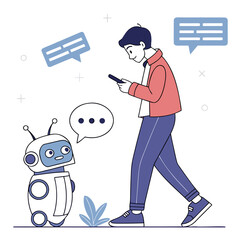 Young man interacting with friendly robot using mobile device flat vector illustration