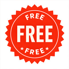 Bright red starburst seal with the word free repeated multiple times