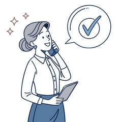 Woman on phone with checkmark in speech bubble talking
