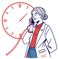 Woman on phone with clock speaking time