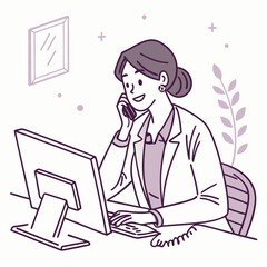 Woman talking on phone at desk with computer and plant flat design office worker